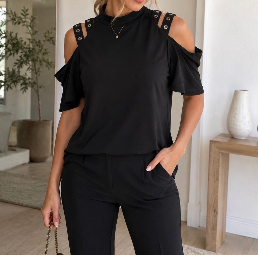 Women's Black Cold Shoulder Blouse Ruffle Sleeve Casual Top